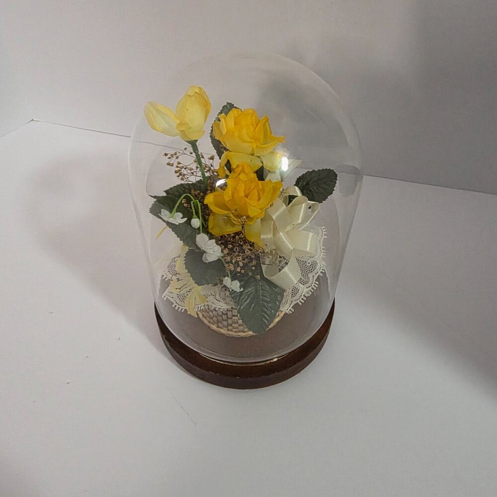 Vintage Style Glass Dome Floral Arrangement Yellow Flowers Wood Base Decor - Picture 4 of 6
